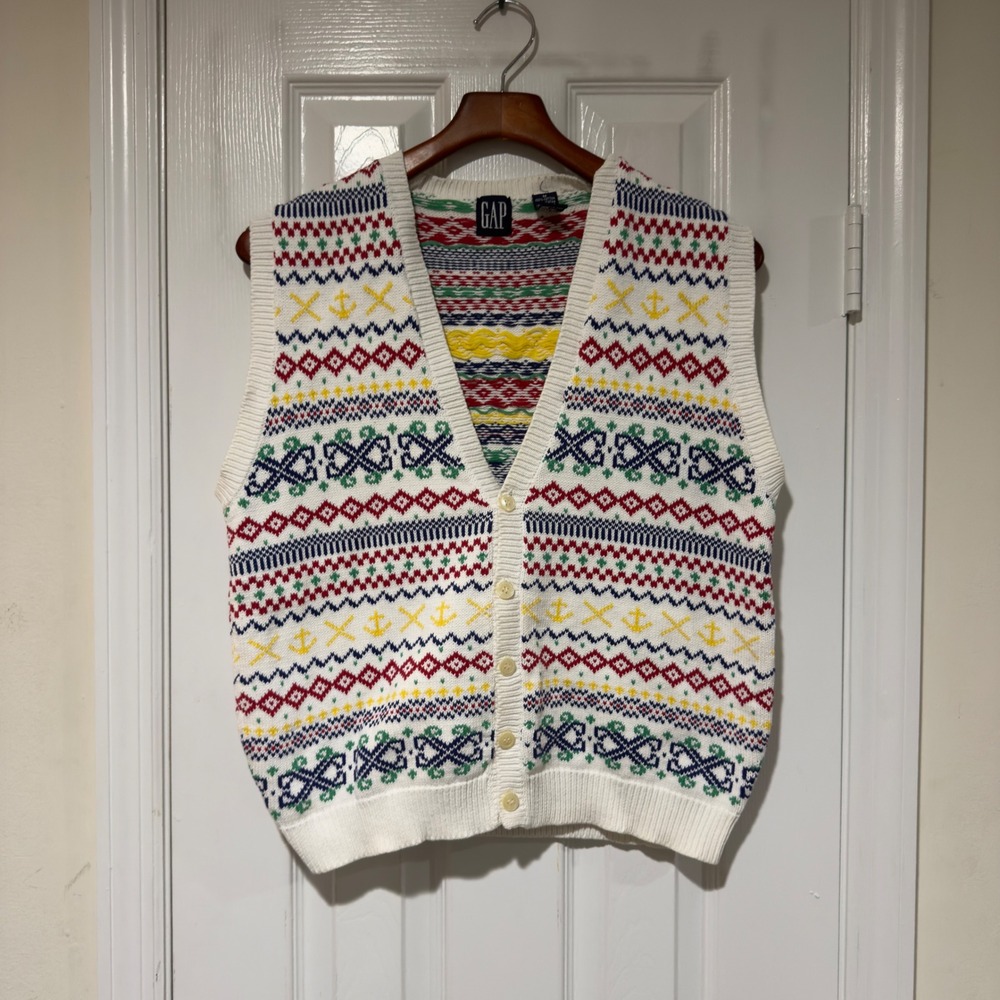 GAP Nautical Fair Isle Sweater Vest Med Coastal Preppy Anchors 100% Cotton - Picture 2 of 7